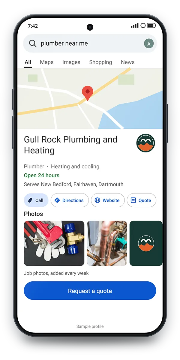 Sample Google Business Profile on a phone: the near-me search, a map pin, the shop name, open 24 hours, call, directions and quote buttons, and two job photos