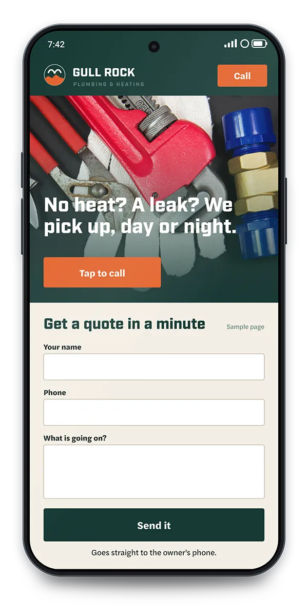 Sample Quote page: A tap to call, or a three-field quote request that lands on your phone.
