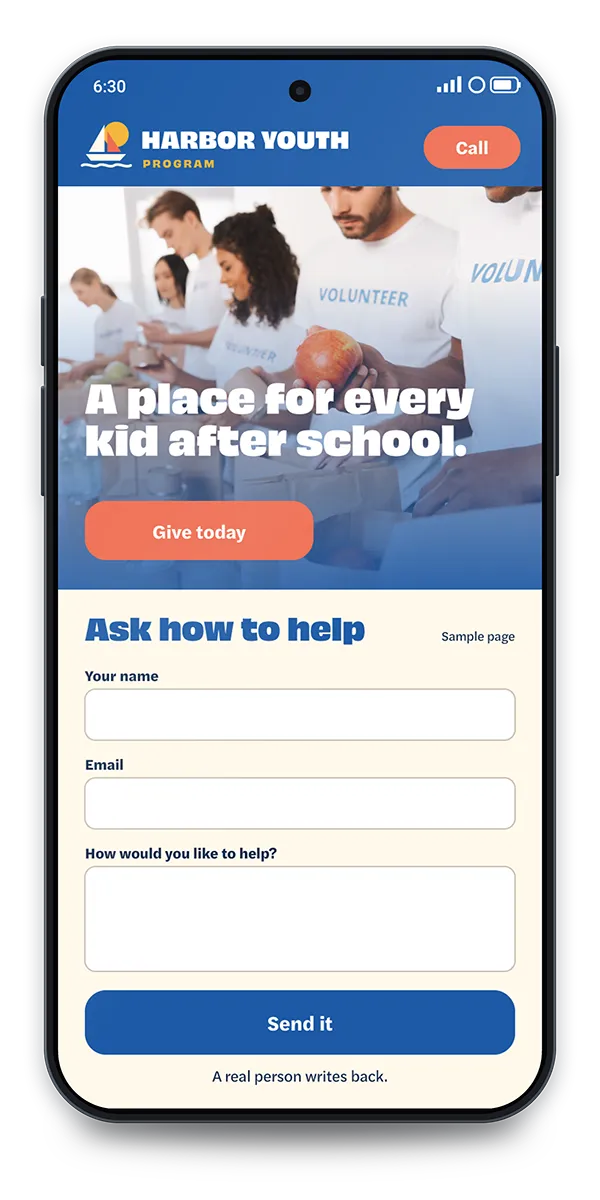 Sample Help page: A plain message and a short form for volunteers and donors.