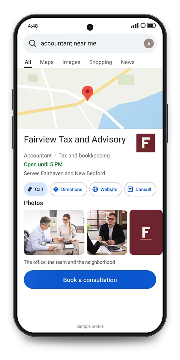 Sample Google profile: Found in the accountant-near-me search, with hours, reviews and a consultation button.