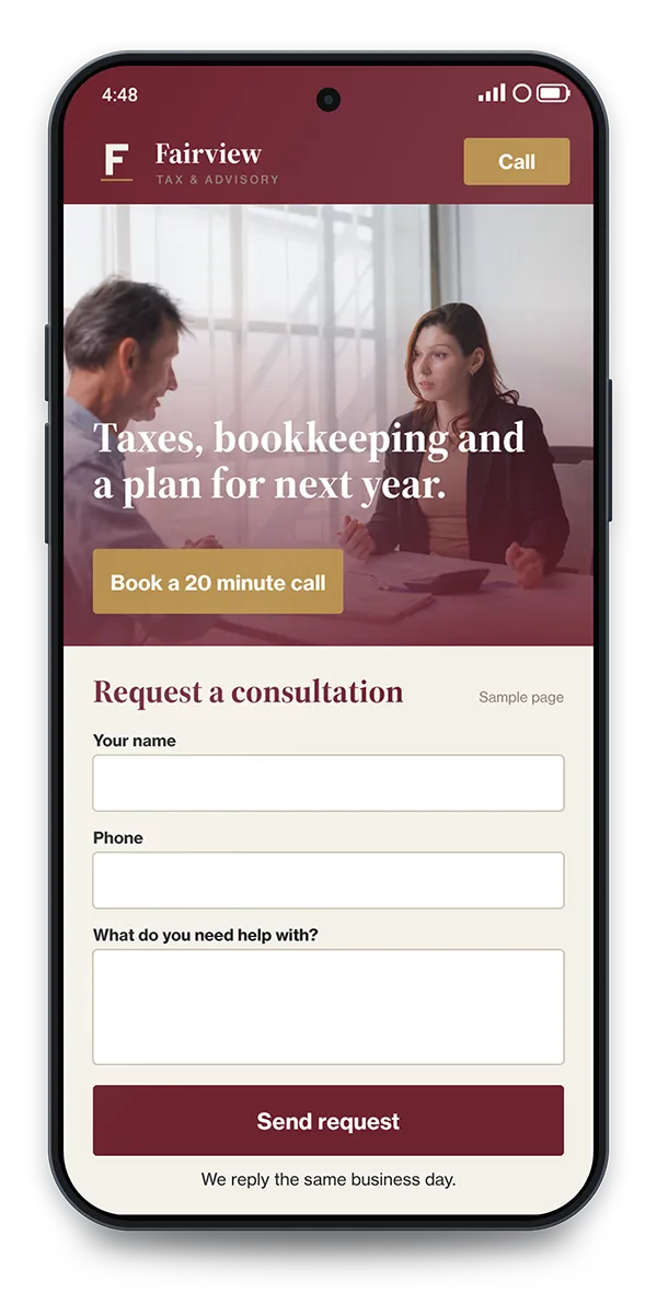 Sample Consultation page: A plain promise and a short request form that lands in your inbox.