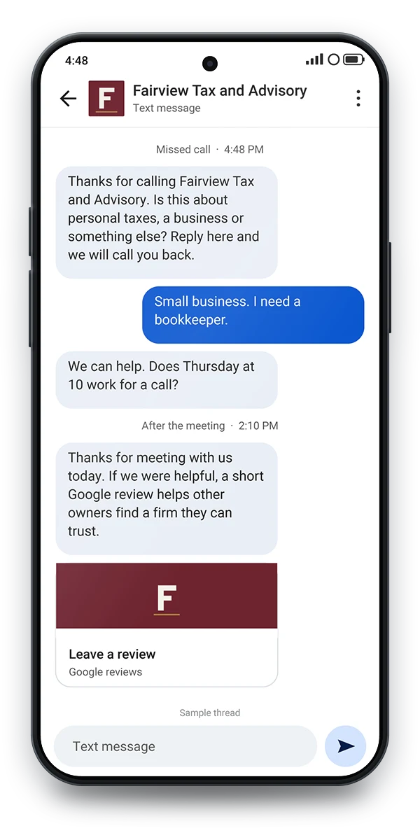 Sample text thread on a phone: a missed call answered by an automatic text asking what the call is about, a small business owner asking for a bookkeeper, and a review request after the meeting