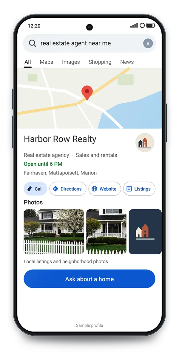 Sample Google profile: Found in the real-estate-agent-near-me search, with towns, reviews and a listings button.