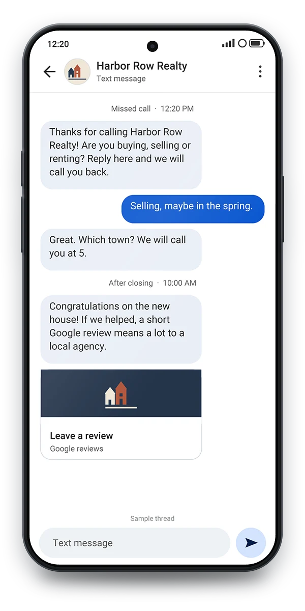 Sample text thread on a phone: a missed call answered by an automatic text asking if the caller is buying, selling or renting, and a review request after closing