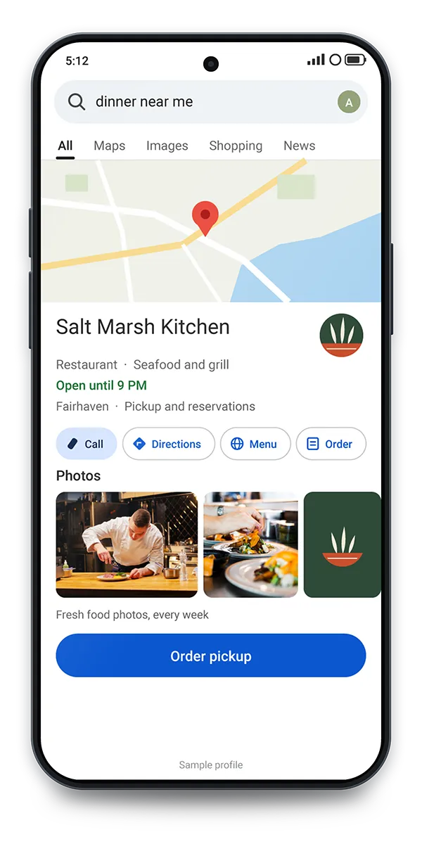 Sample Google profile: Found in the dinner-near-me search, with hours, menu and an order button.