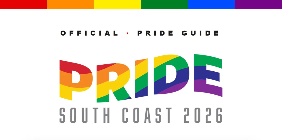 Detail of the guide cover: the Pride South Coast 2026 logo in rainbow letters, with Official Pride Guide above it