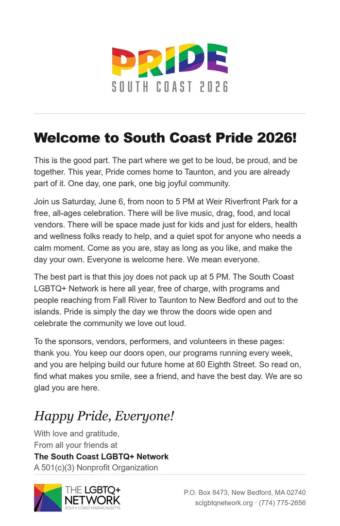 Page 2 of the Pride Guide: the Pride South Coast 2026 logo above a welcome letter