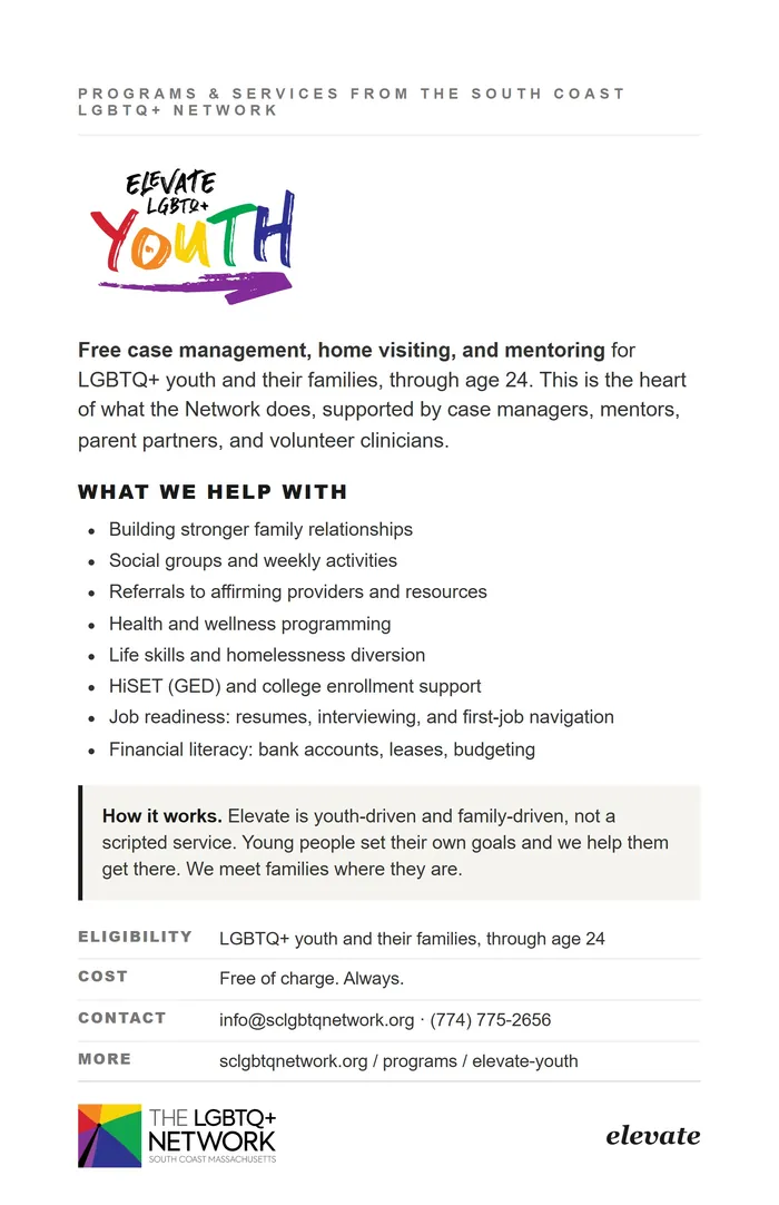 Page 5, the Elevate Youth program: its logo, a short description, a list of what the program helps with, and a table with eligibility, cost and contact