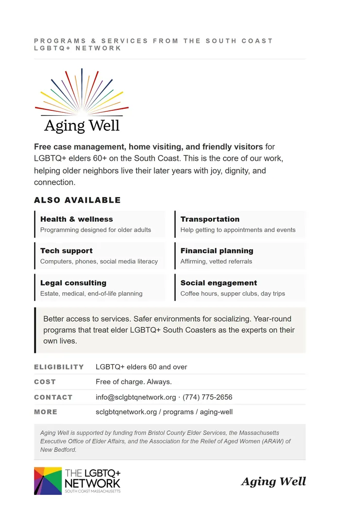 Page 8, the Aging Well program: its logo, a description, a grid of extra services, and the same table of eligibility, cost and contact