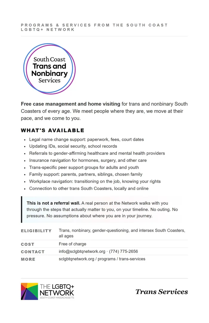 Page 10, the Trans Services program: its circle logo, what is available, and the table of eligibility, cost and contact