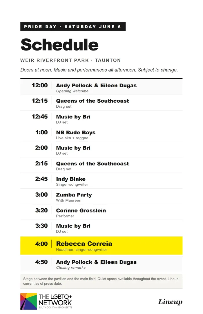 Page 11, the June 6 schedule at Weir Riverfront Park: one line per set with the time first, and the 4 o'clock headliner highlighted in yellow