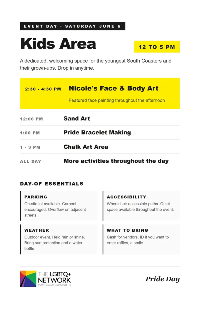 Page 15, the Kids Area: the afternoon activity times and four boxes for parking, accessibility, weather and what to bring