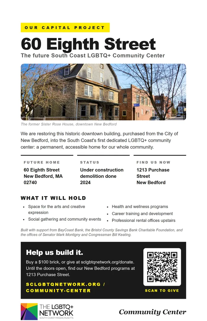 Page 18, the community center at 60 Eighth Street: a photo of the building, what it will hold, and a Help us build it box with a QR code