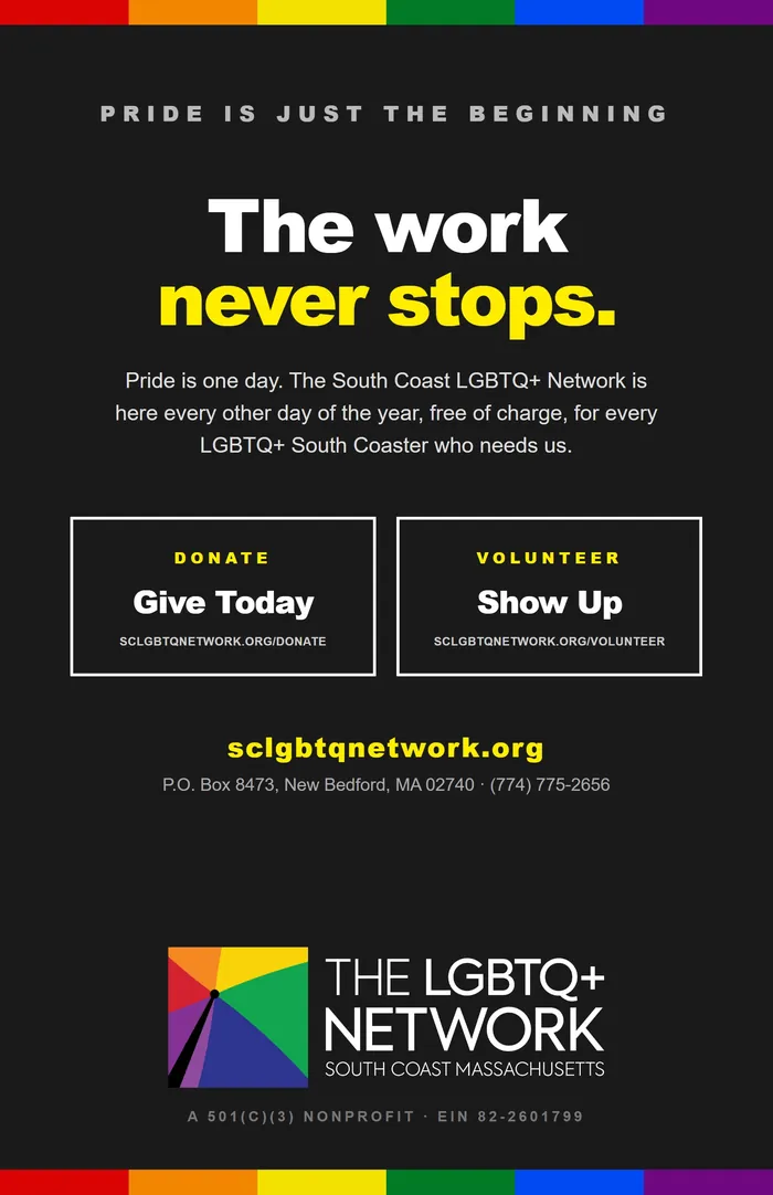 The dark back cover of the Pride Guide: The work never stops, with Donate and Volunteer boxes