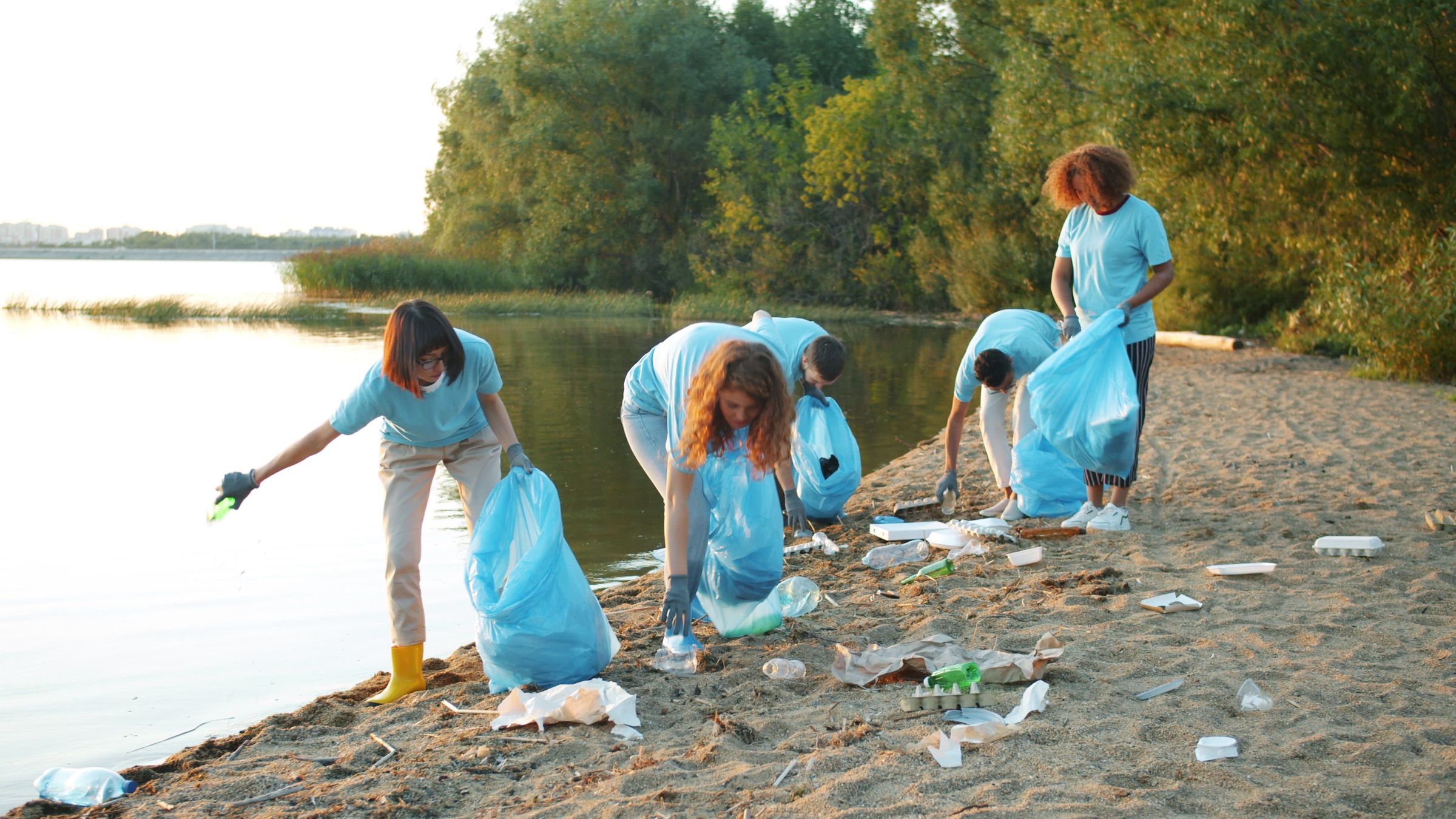 Volunteers in matching blue shirts bagging litter along a lake shoreline at sunset